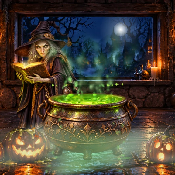 Jubs Caldeiron Halloween scene with a bubbling potion at night
