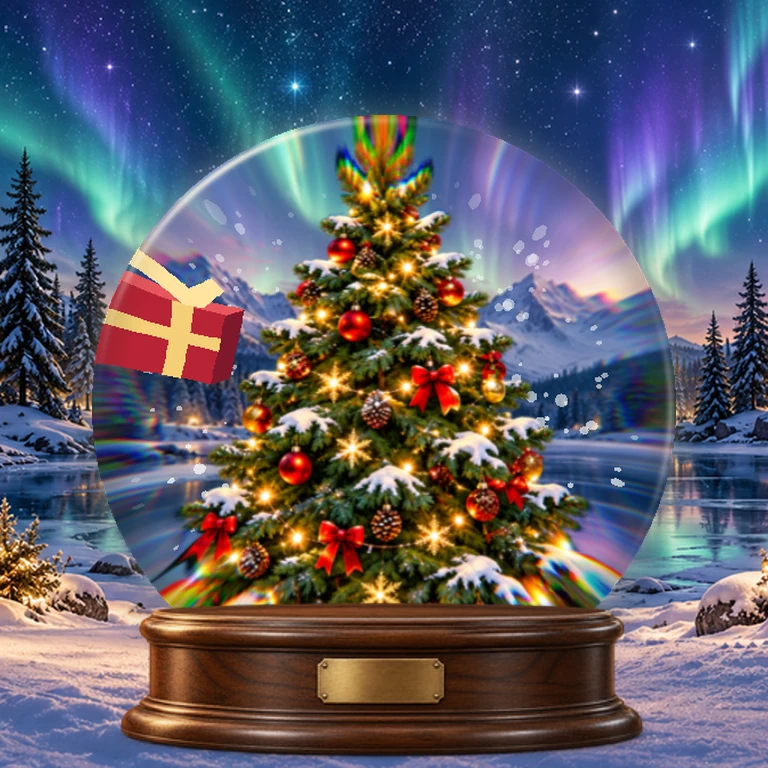 A miniature winter scene beneath the northern lights