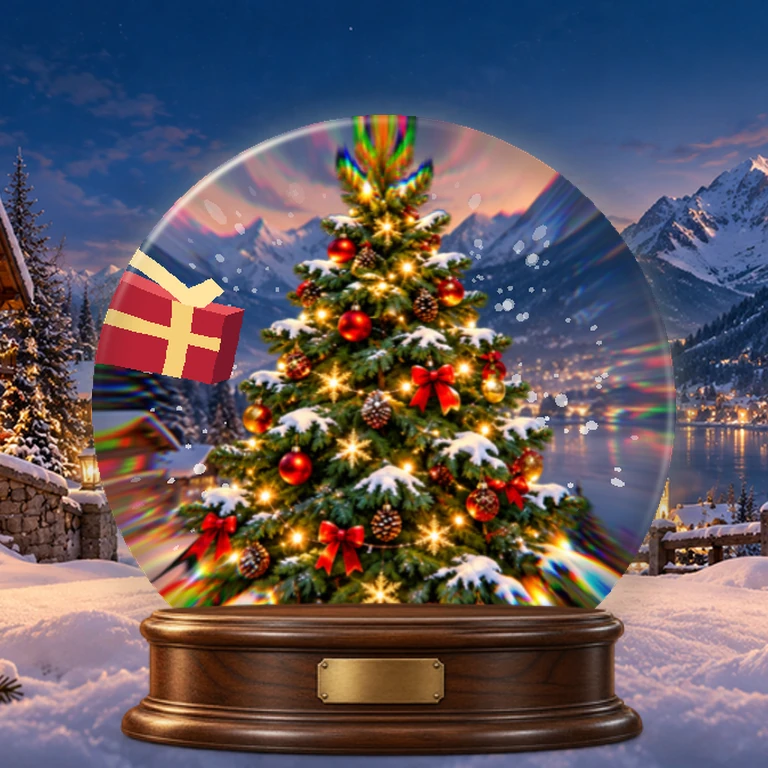 Snowy rooftops and a lit Christmas tree in a miniature winter village